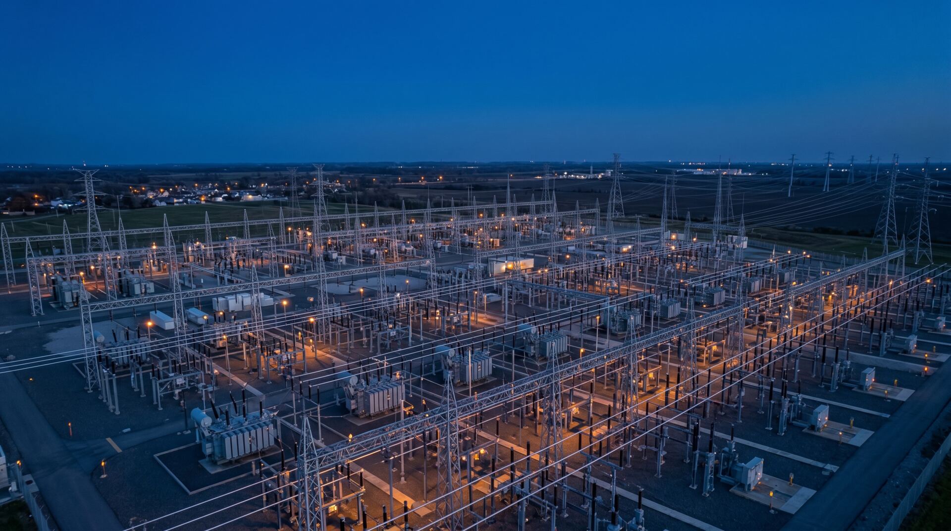 Aerial night view of an electrical switchyard