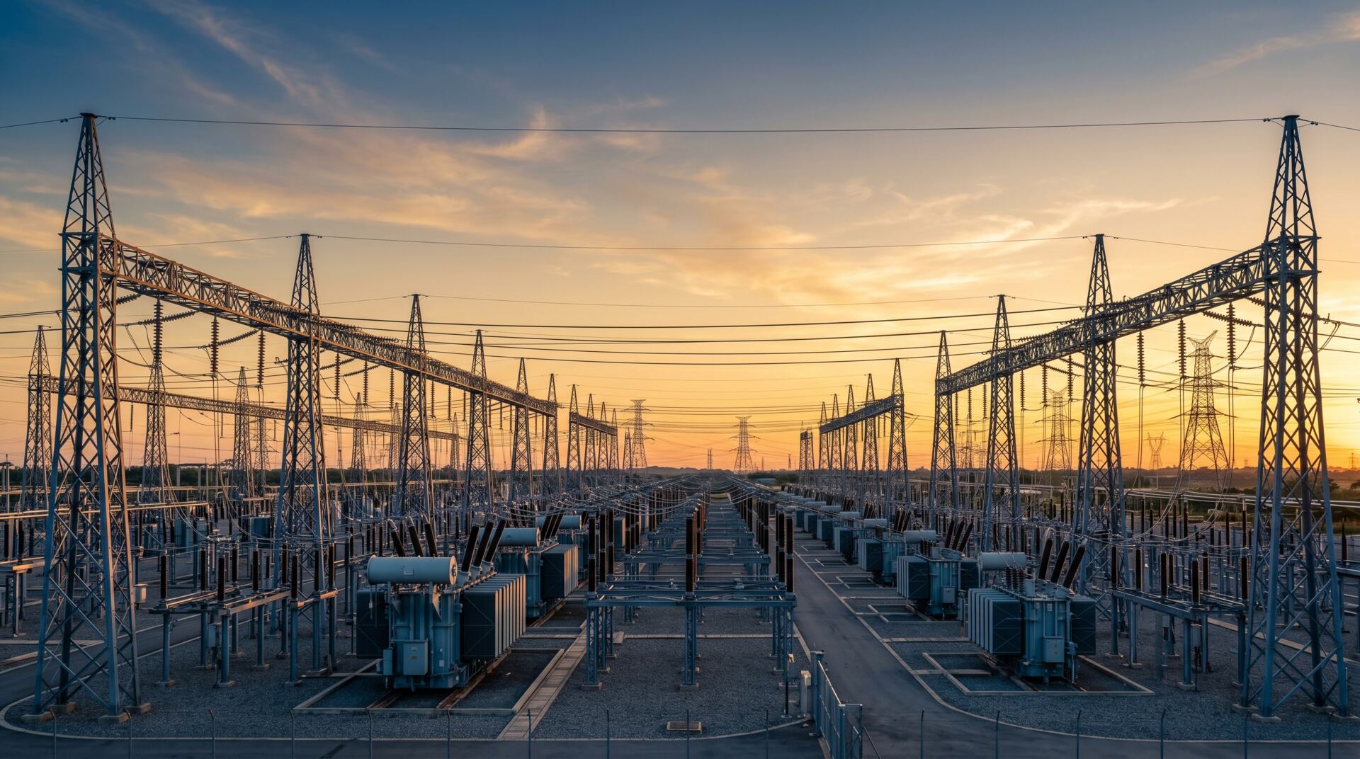 Aerial view of a large EHV electrical substation at sunset