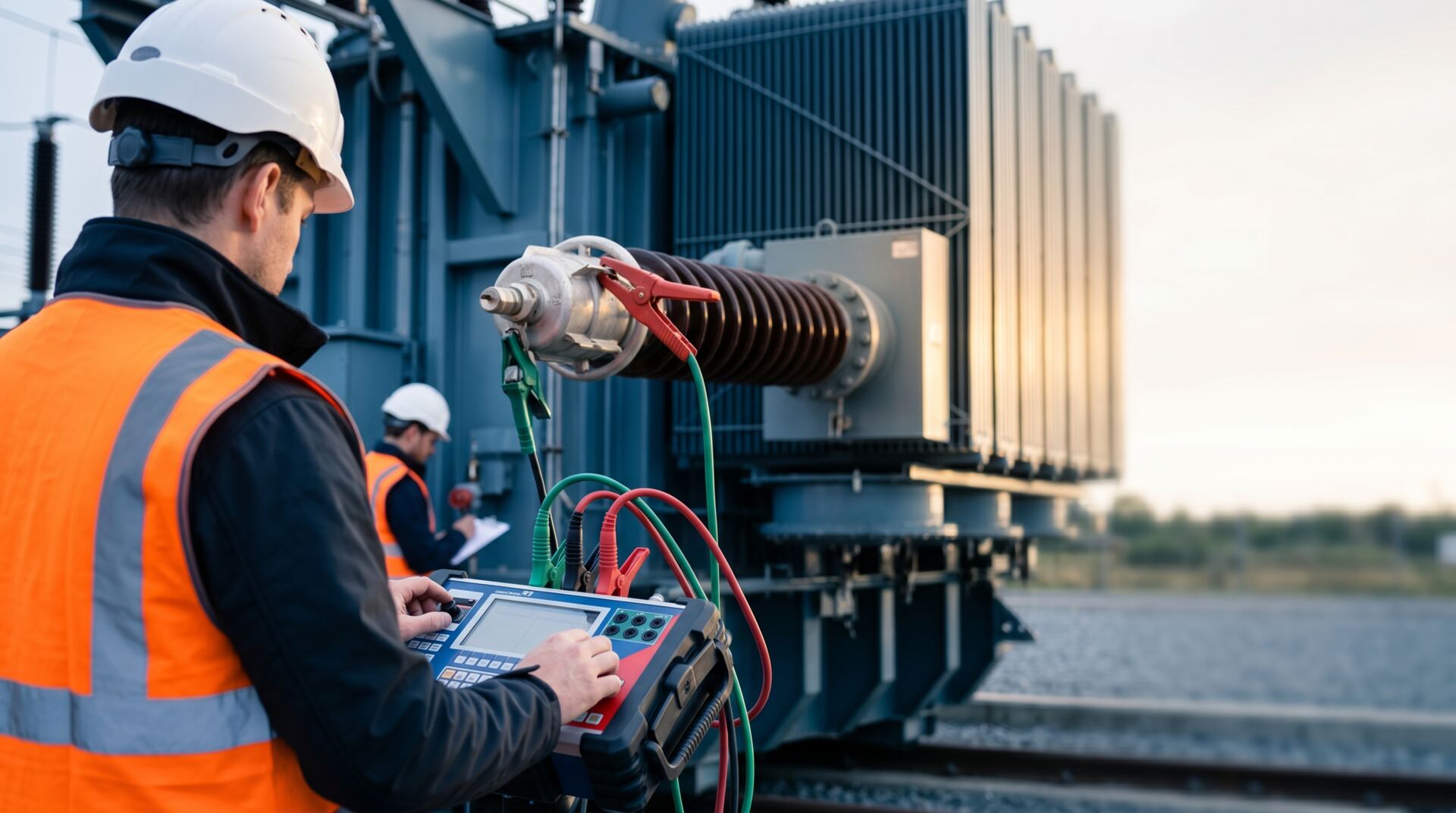 Engineer testing a power transformer on site